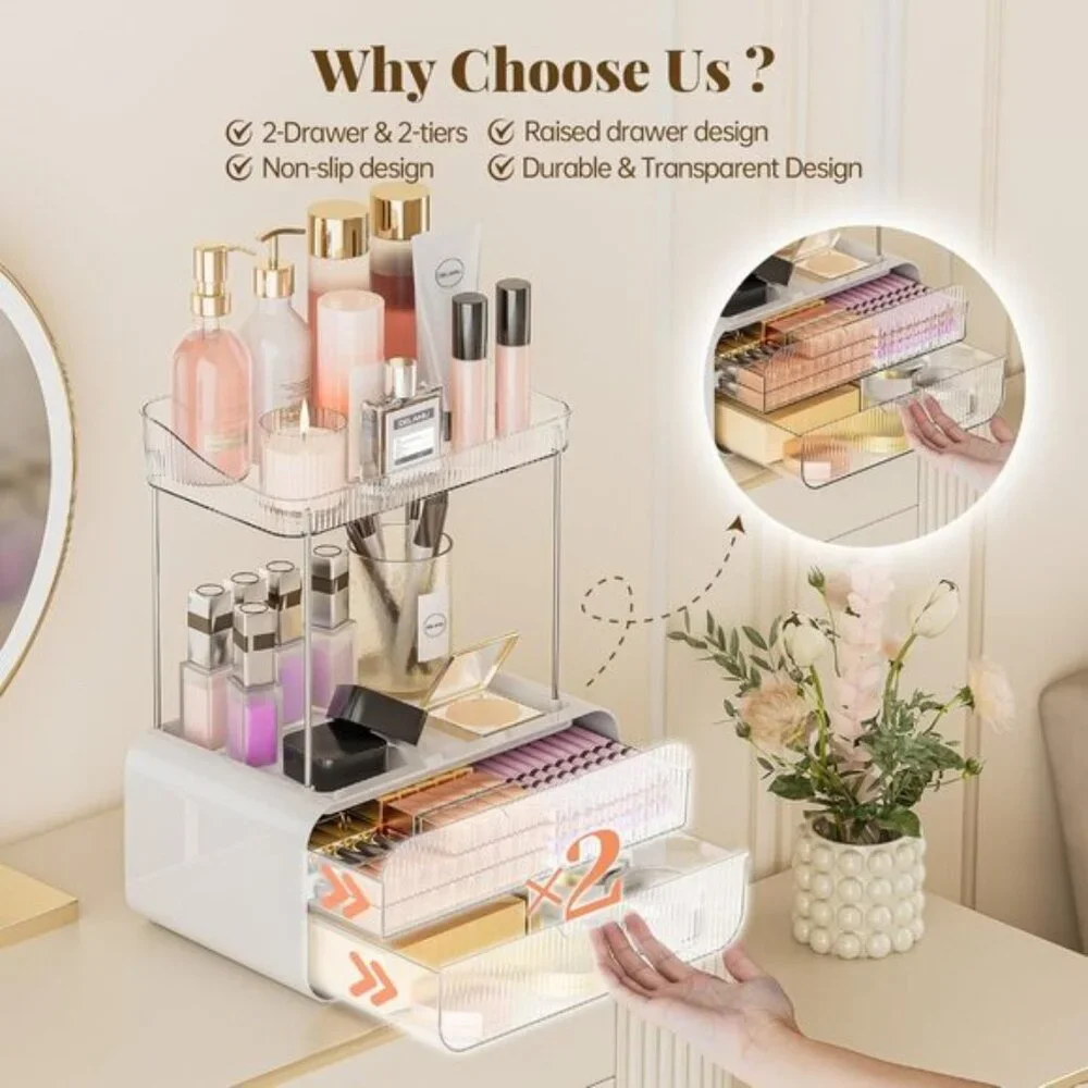 2-Tier Bathroom Counter Organizer, Clear Acrylic Drawers for Skincare & Makeup